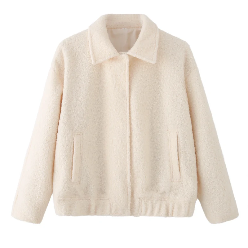 Damen Teddy-Boxy-Jacke mit Hemdkragen, Eingrifftaschen und elastischem Saum Drune