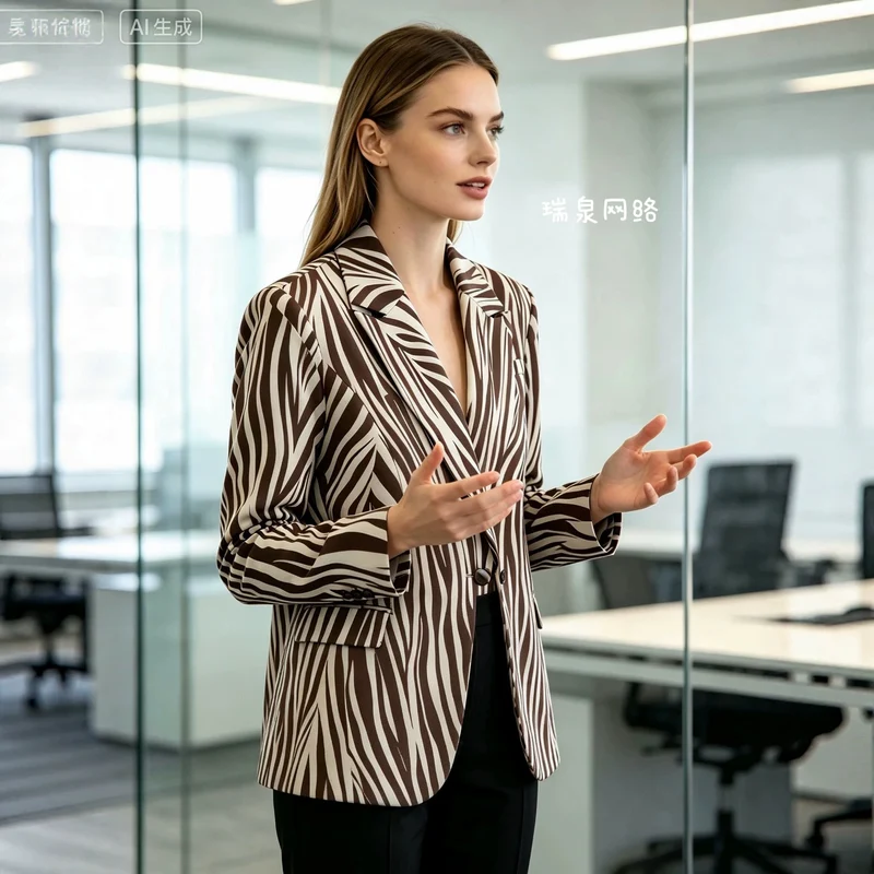 Damen Taillierter Zebra-Print Blazer mit Reverskragen und Pattentaschen Drune