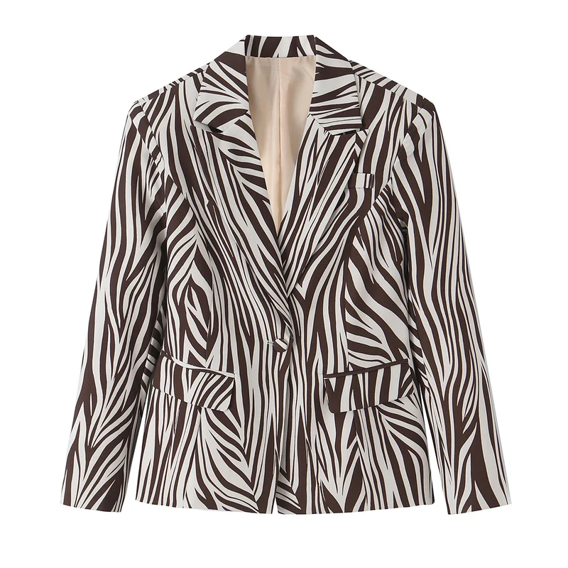 Damen Taillierter Zebra-Print Blazer mit Reverskragen und Pattentaschen Drune