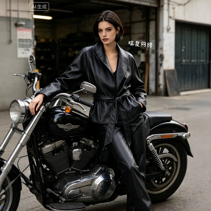 Damen taillierter Trenchcoat aus Kunstleder mit weitem Revers und Bindegürtel Drune