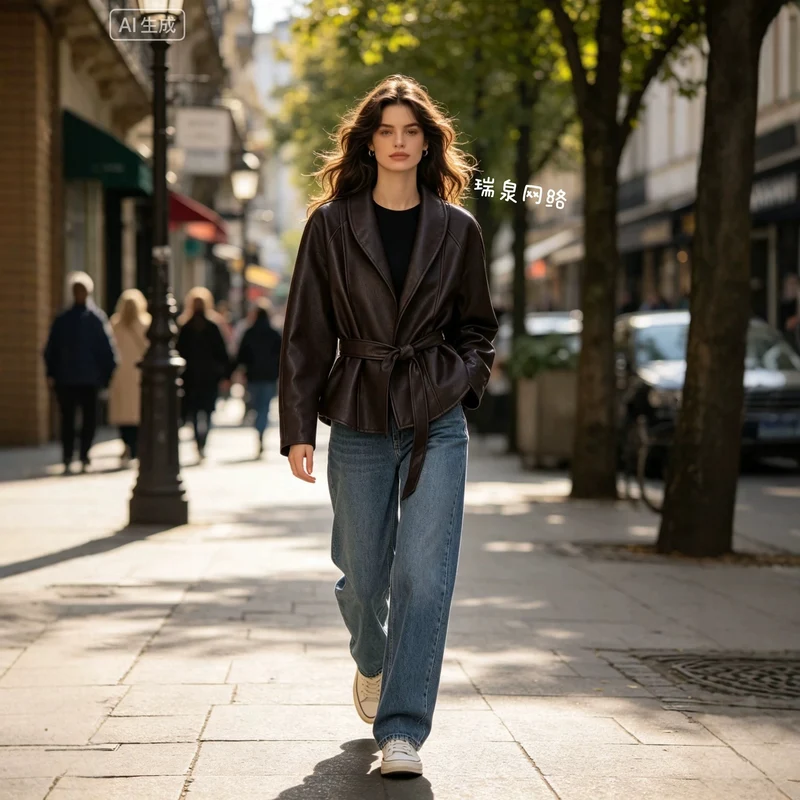 Damen taillierter Trenchcoat aus Kunstleder mit weitem Revers und Bindegürtel Drune