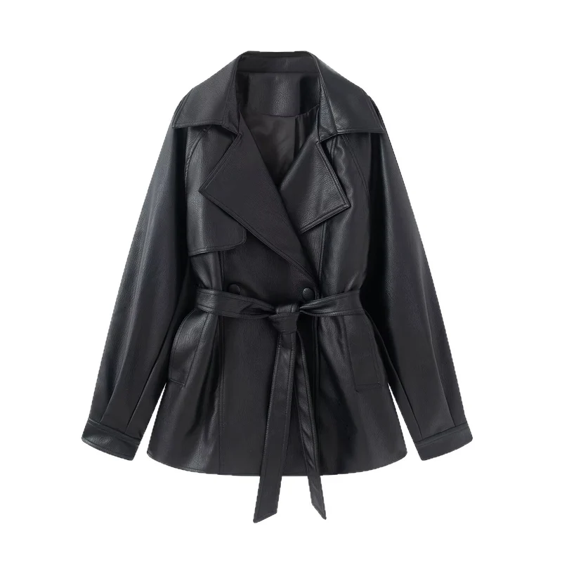 Damen taillierter Trenchcoat aus Kunstleder mit weitem Revers und Bindegürtel Drune