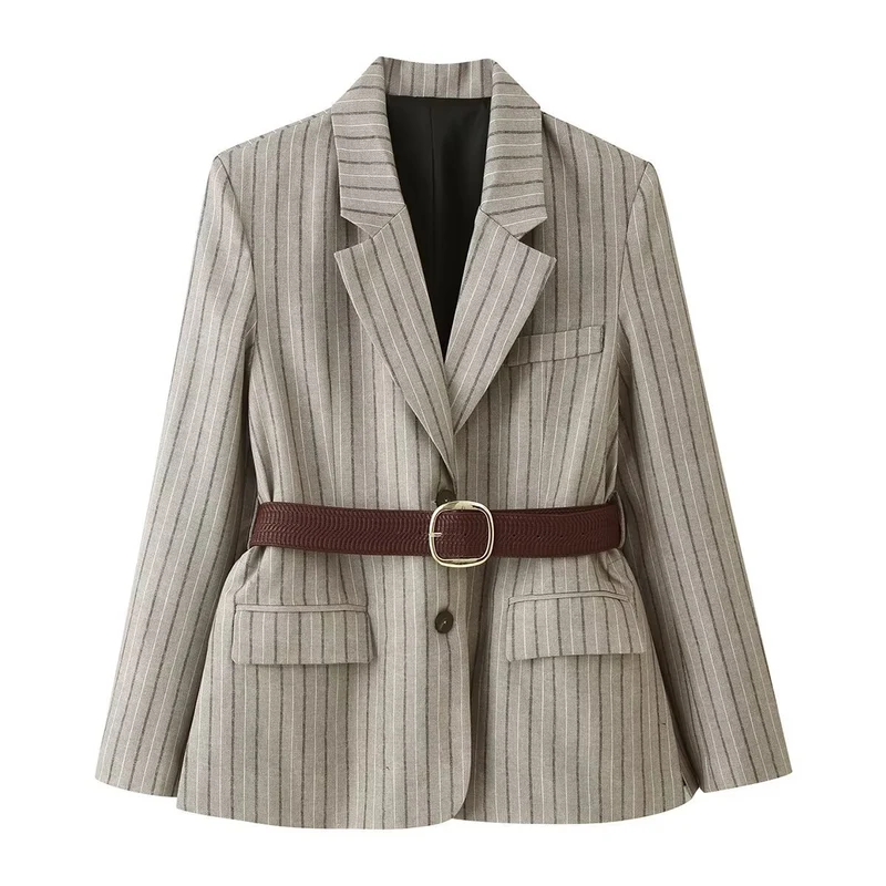 Damen Taillierter Nadelstreifen-Blazer mit Pattentaschen und Taillengürtel Drune