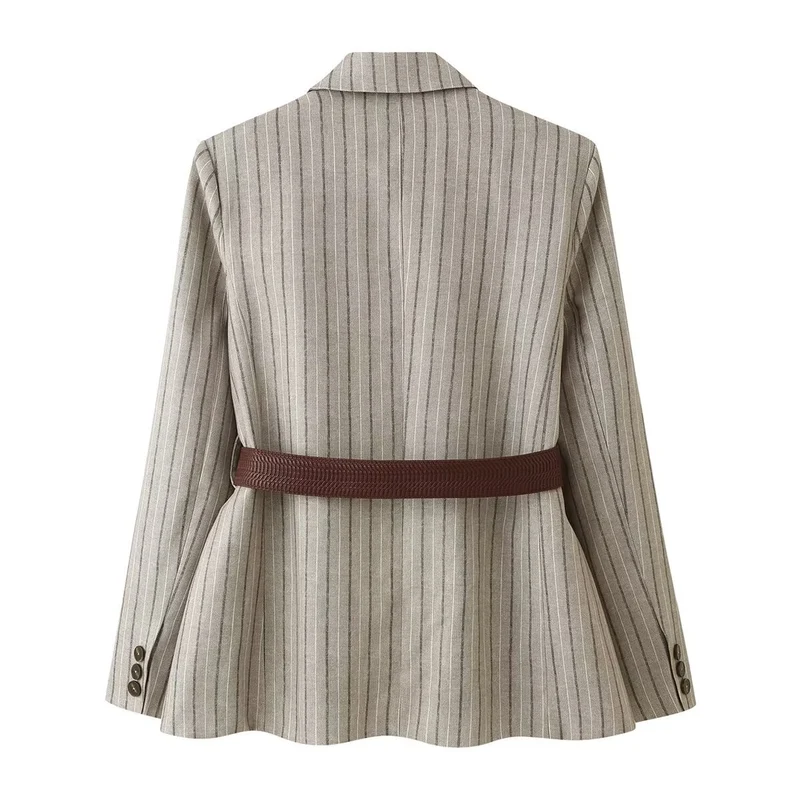 Damen Taillierter Nadelstreifen-Blazer mit Pattentaschen und Taillengürtel Drune