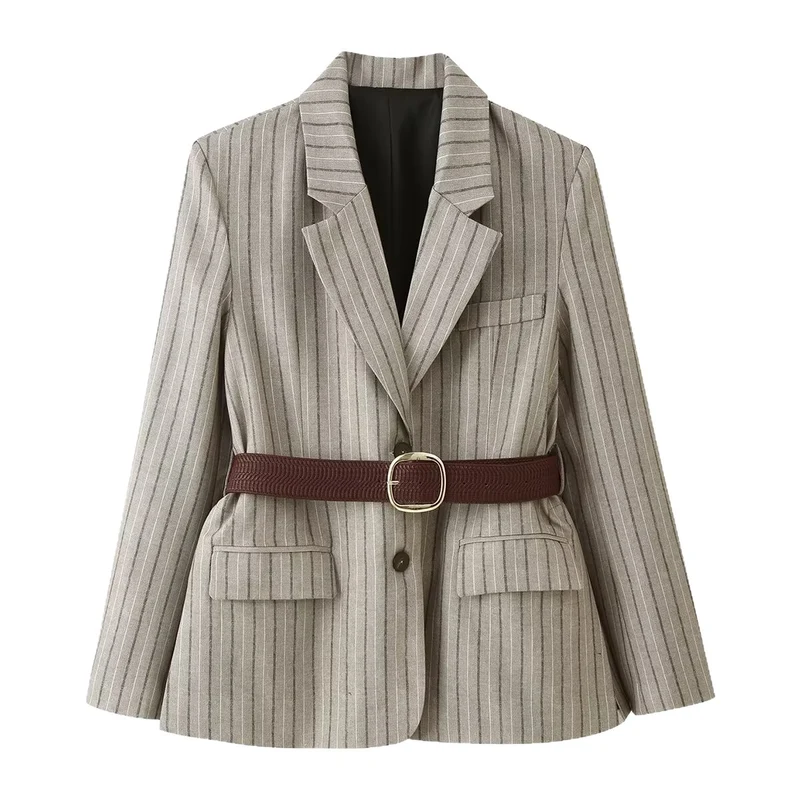Damen Taillierter Nadelstreifen-Blazer mit Pattentaschen und Taillengürtel Drune