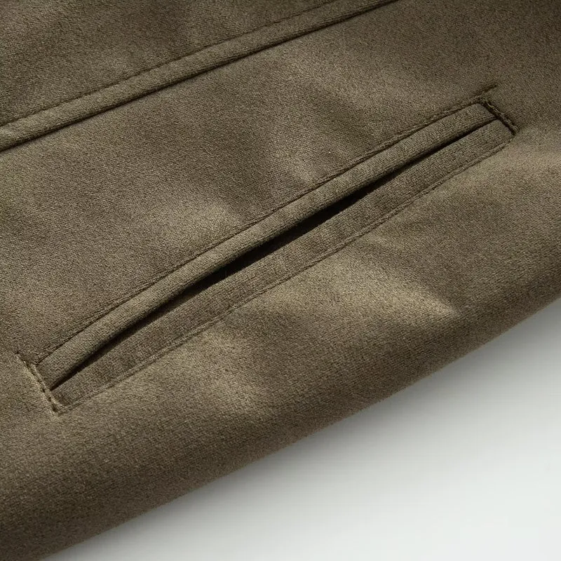Damen Taillierter langer Mantel aus Veloursimitat mit Faux‑Fellkragen und Bindegürtel Drune
