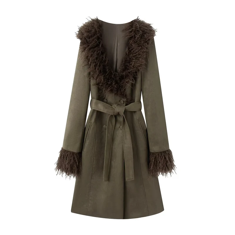 Damen Taillierter langer Mantel aus Veloursimitat mit Faux‑Fellkragen und Bindegürtel Drune
