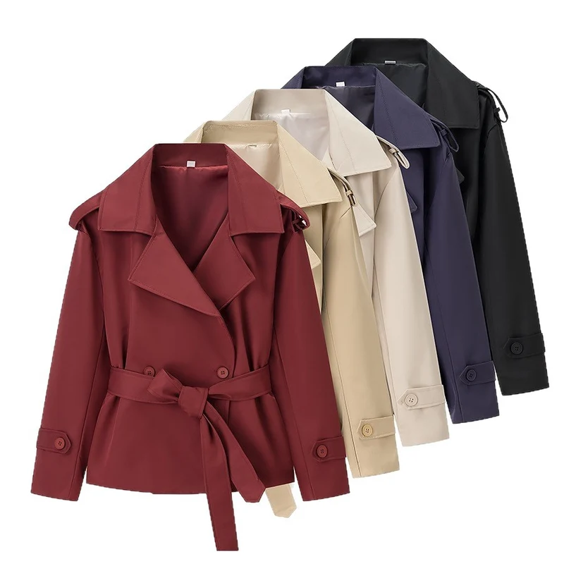Damen Taillierter kurzer Trenchcoat mit Bindegürtel und Epauletten Drune