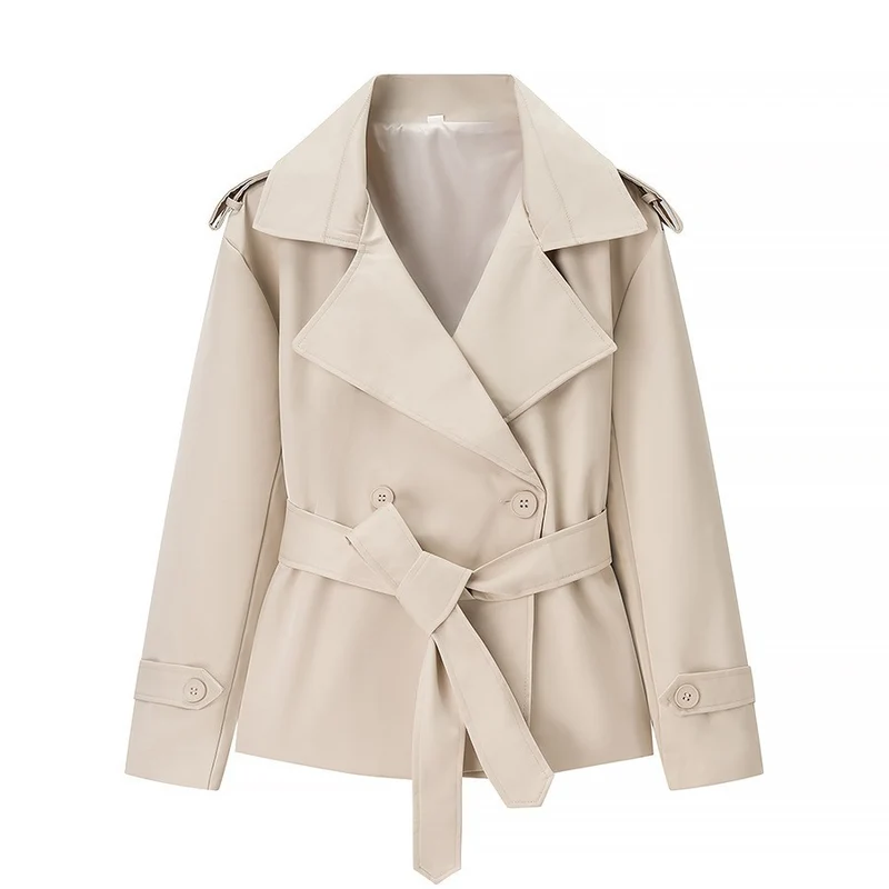 Damen Taillierter kurzer Trenchcoat mit Bindegürtel und Epauletten Drune