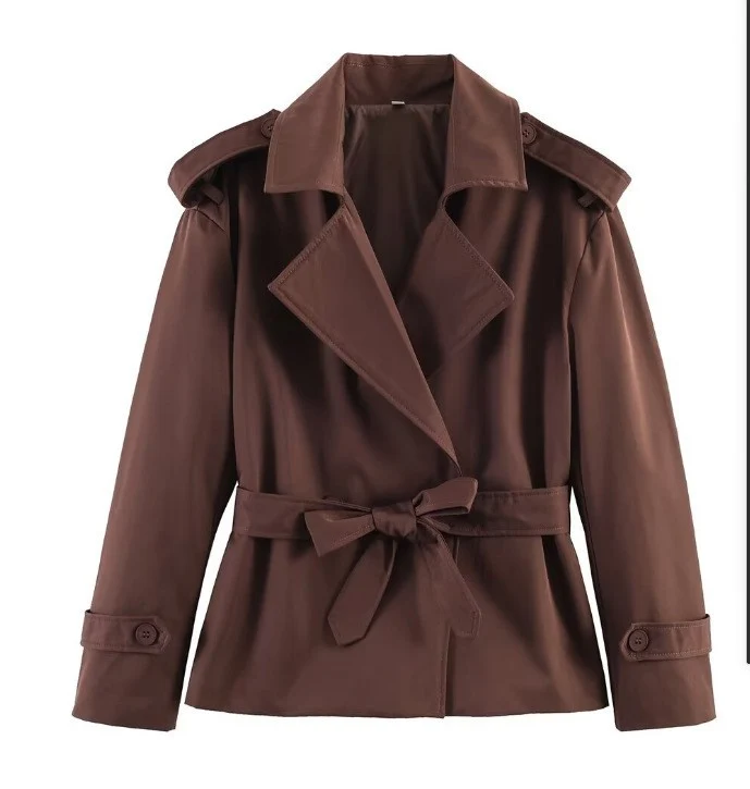 Damen Taillierter kurzer Trenchcoat mit Bindegürtel und Epauletten Drune