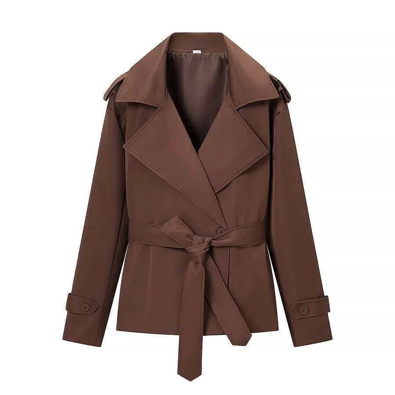 Damen Taillierter kurzer Trenchcoat mit Bindegürtel und Epauletten Drune