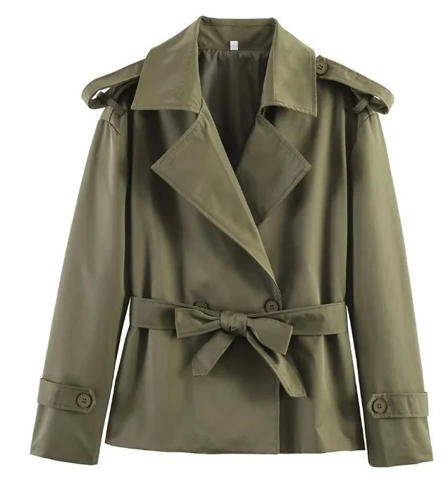 Damen Taillierter kurzer Trenchcoat mit Bindegürtel und Epauletten Drune