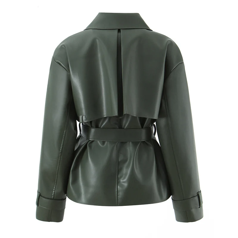 Damen Taillierter Kurzer Trenchcoat aus veganer Lederoptik mit Bindegürtel und Cape-Detail Drune