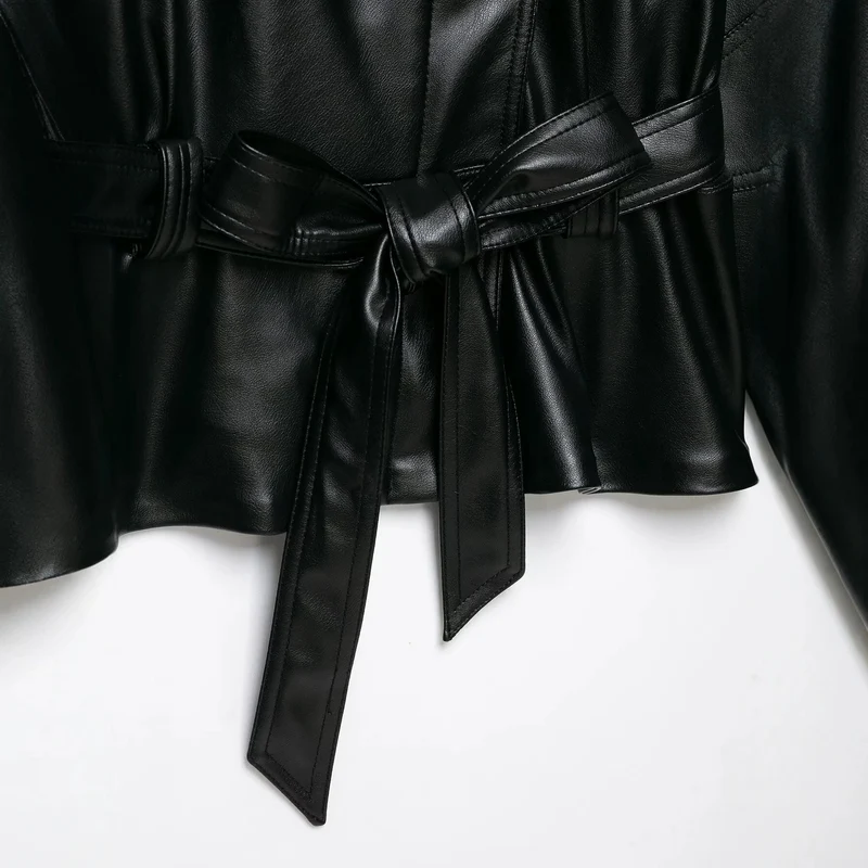 Damen Taillierter Kunstleder-Blazer mit Bindegürtel und Schalkragen Drune