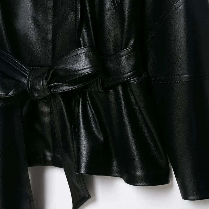 Damen Taillierter Kunstleder-Blazer mit Bindegürtel und Schalkragen Drune