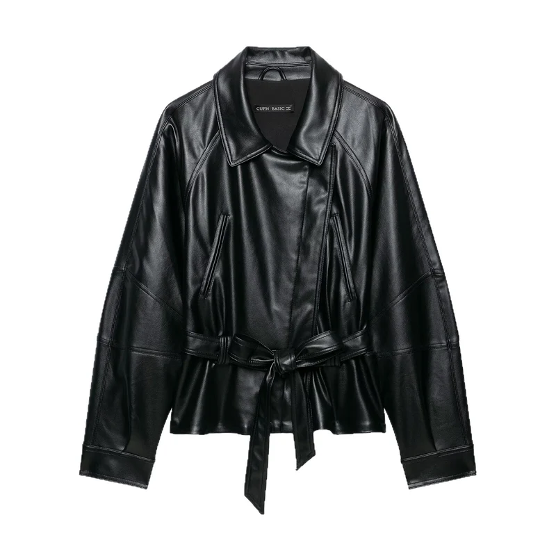 Damen Taillierter Kunstleder-Blazer mit Bindegürtel und Schalkragen Drune