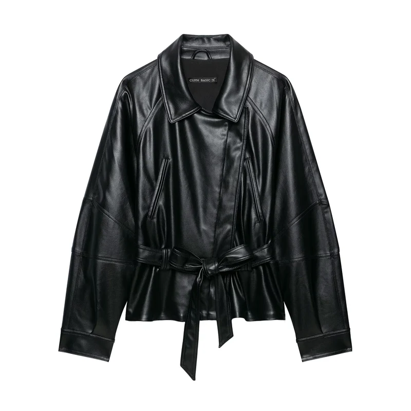 Damen Taillierter Kunstleder-Blazer mit Bindegürtel und Schalkragen Drune