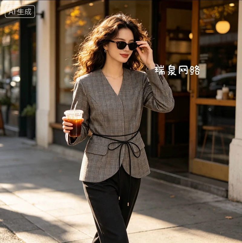 Damen Taillierter Glencheck-Blazer mit V‑Ausschnitt und Wickelgürtel Drune