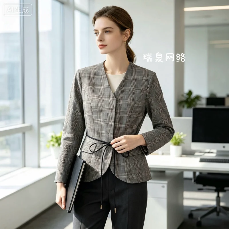 Damen Taillierter Glencheck-Blazer mit V‑Ausschnitt und Wickelgürtel Drune
