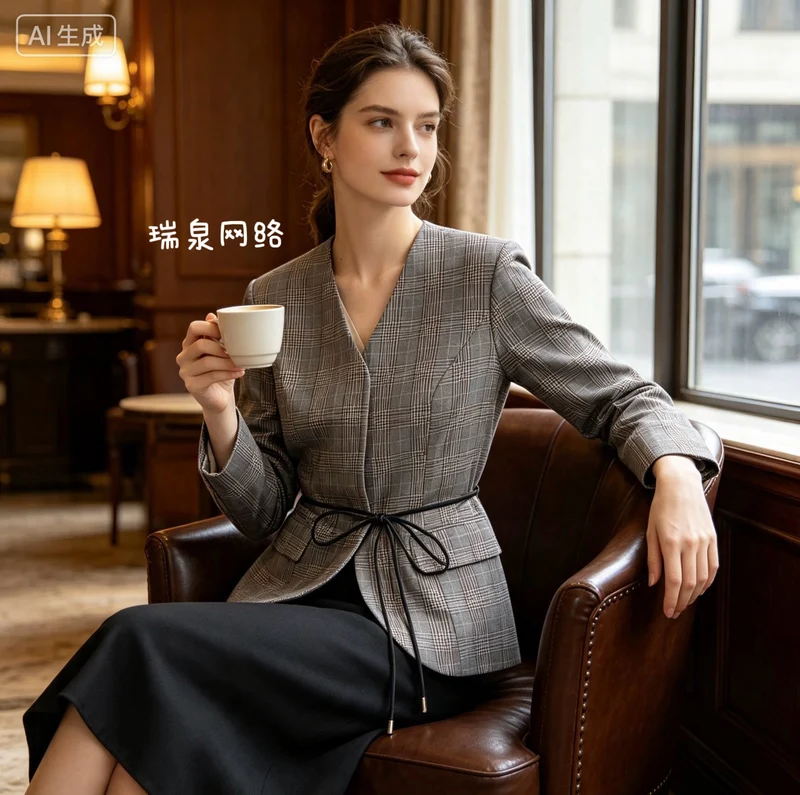 Damen Taillierter Glencheck-Blazer mit V‑Ausschnitt und Wickelgürtel Drune