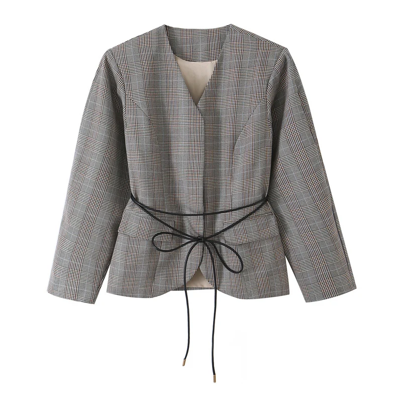Damen Taillierter Glencheck-Blazer mit V‑Ausschnitt und Wickelgürtel Drune