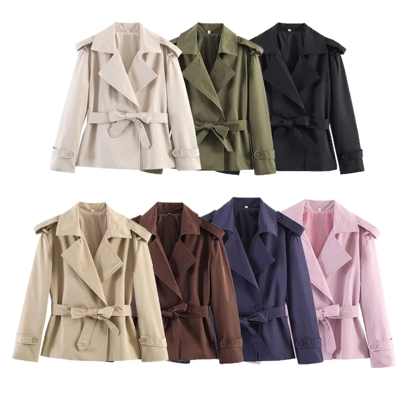 Damen Taillierter Cropped-Trenchcoat mit breitem Revers, Bindegürtel und Schulterklappen Drune