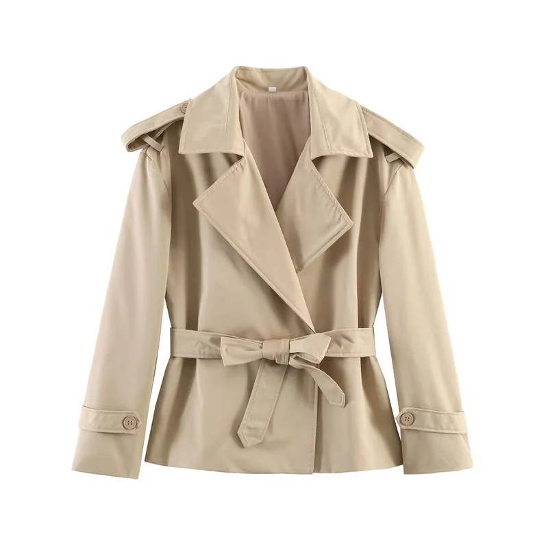 Damen Taillierter Cropped-Trenchcoat mit breitem Revers, Bindegürtel und Schulterklappen Drune