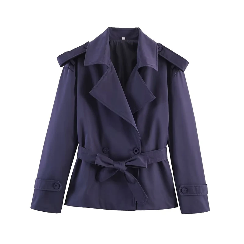 Damen Taillierter Cropped-Trenchcoat mit breitem Revers, Bindegürtel und Schulterklappen Drune