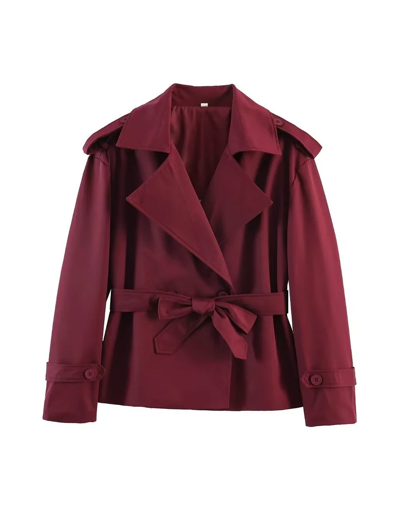 Damen Taillierter Cropped-Trenchcoat mit breitem Revers, Bindegürtel und Schulterklappen Drune