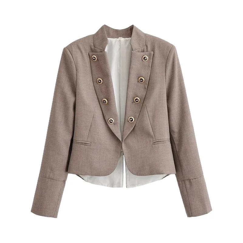 Damen Taillierter Cropped-Blazer mit Stehkragen und dekorativer Zierknopfleiste Drune