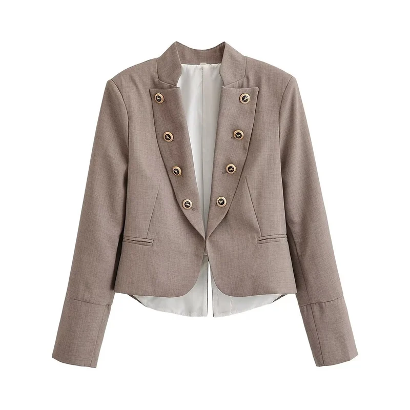 Damen Taillierter Cropped-Blazer mit Stehkragen und dekorativer Zierknopfleiste Drune