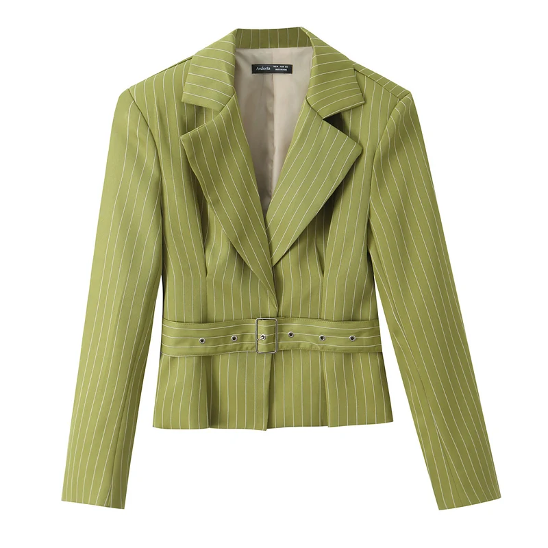 Damen Taillierter Cropped-Blazer mit Bundgürtel und Nadelstreifen Drune