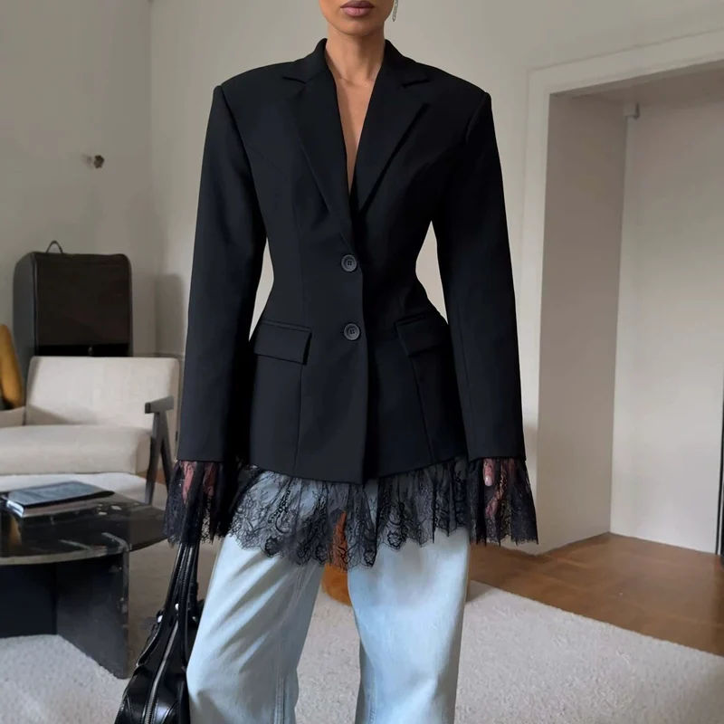Damen Taillierter Blazer mit Spitzenborte am Saum und Manschetten Drune