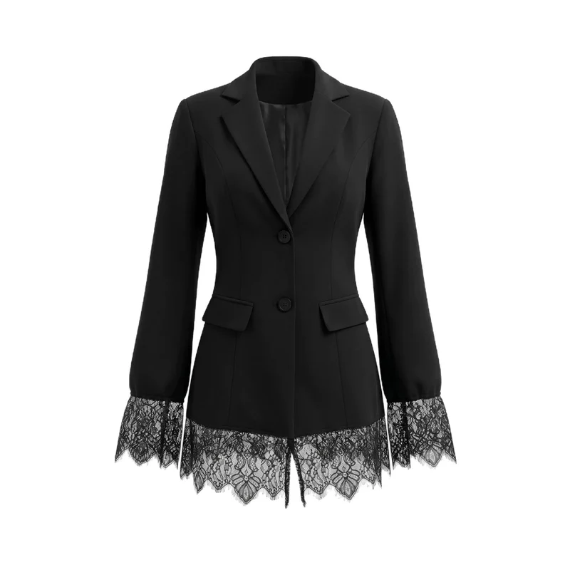 Damen Taillierter Blazer mit Spitzenborte am Saum und Manschetten Drune