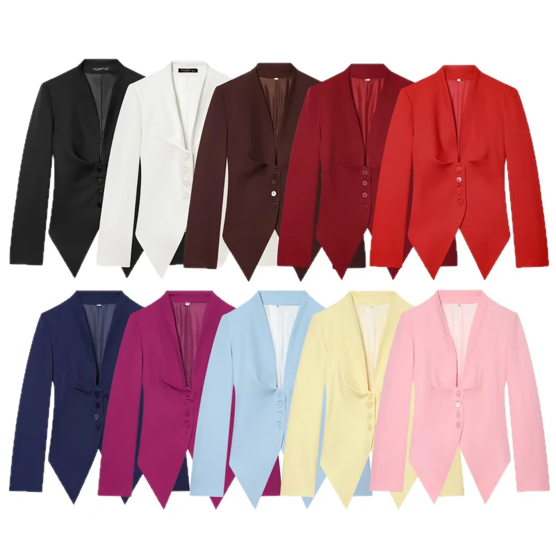 Damen taillierter Blazer mit spitzem Schößchen und tiefem V-Ausschnitt Drune