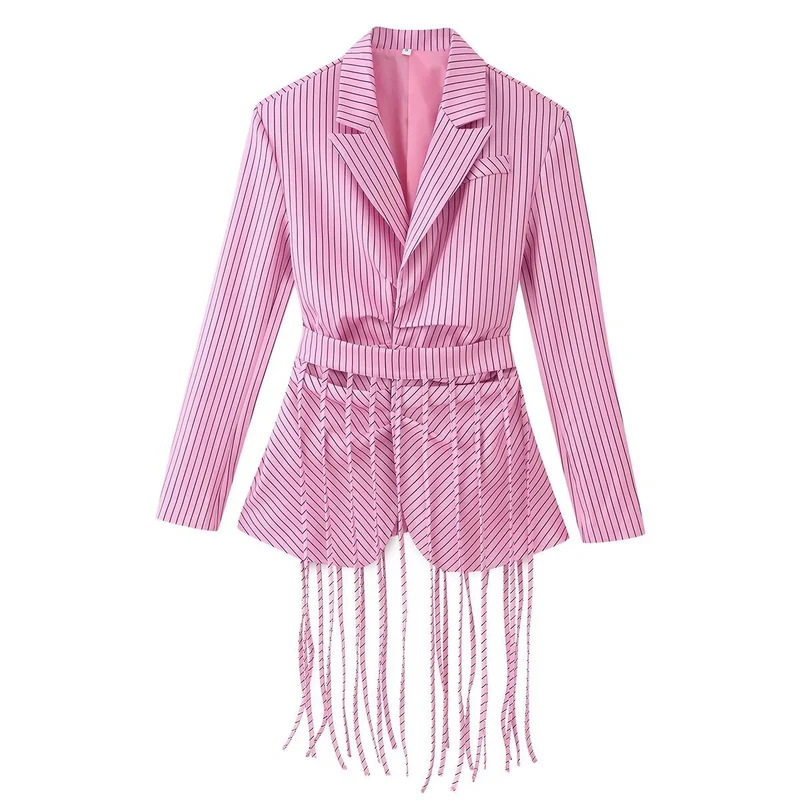 Damen Taillierter Blazer mit Fransen‑Detail und Nadelstreifen Drune