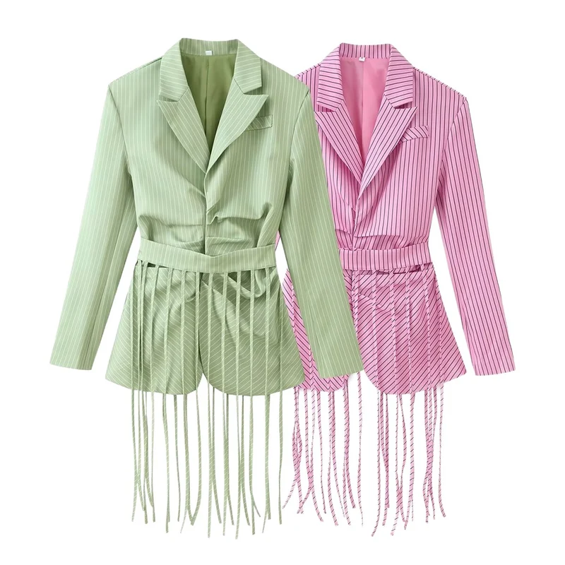 Damen Taillierter Blazer mit Fransen‑Detail und Nadelstreifen Drune