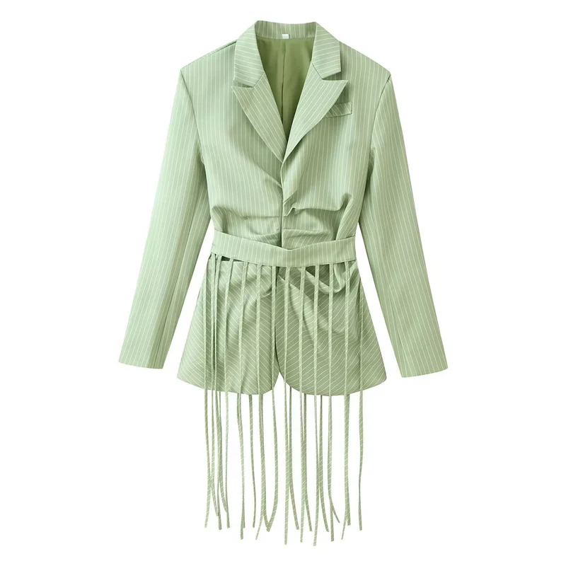 Damen Taillierter Blazer mit Fransen‑Detail und Nadelstreifen Drune