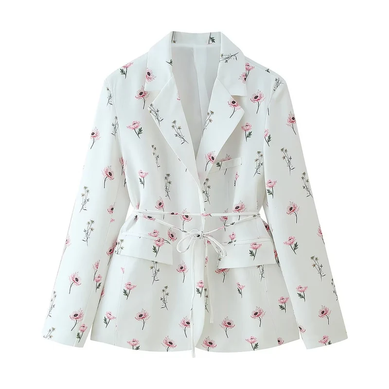 Damen taillierter Blazer mit floralem Alloverprint, Bindegürtel und Pattentaschen Drune