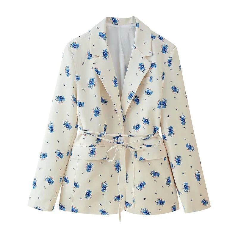 Damen taillierter Blazer mit floralem Alloverprint, Bindegürtel und Pattentaschen Drune