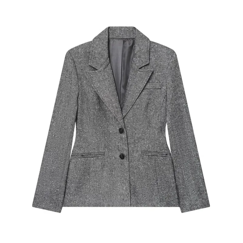 Damen Taillierter Blazer im Fischgrätmuster mit Reverskragen und Pattentaschen Drune