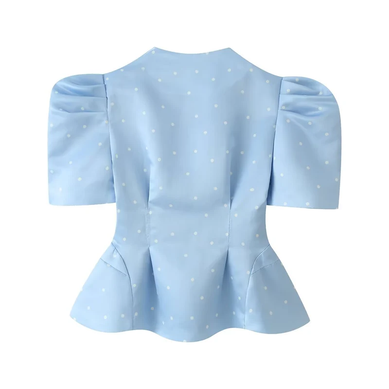 Damen Taillierte Satinbluse mit Puffärmeln, Stehkragen und Polka‑Dot‑Print Drune