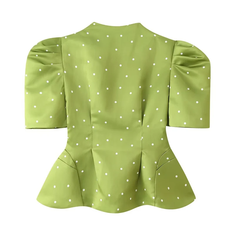 Damen Taillierte Satinbluse mit Puffärmeln, Stehkragen und Polka‑Dot‑Print Drune