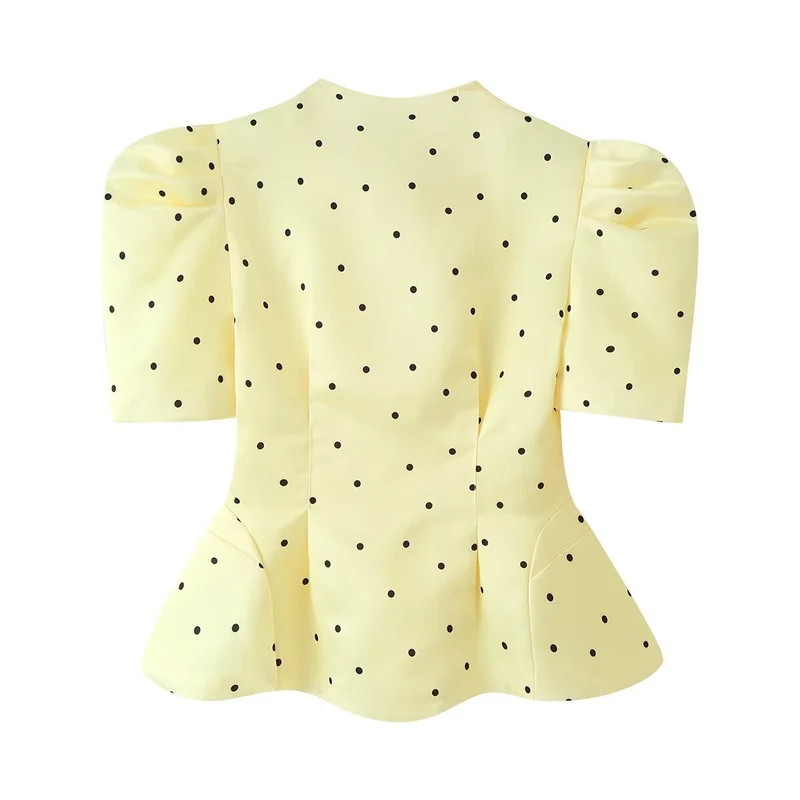 Damen Taillierte Satinbluse mit Puffärmeln, Stehkragen und Polka‑Dot‑Print Drune