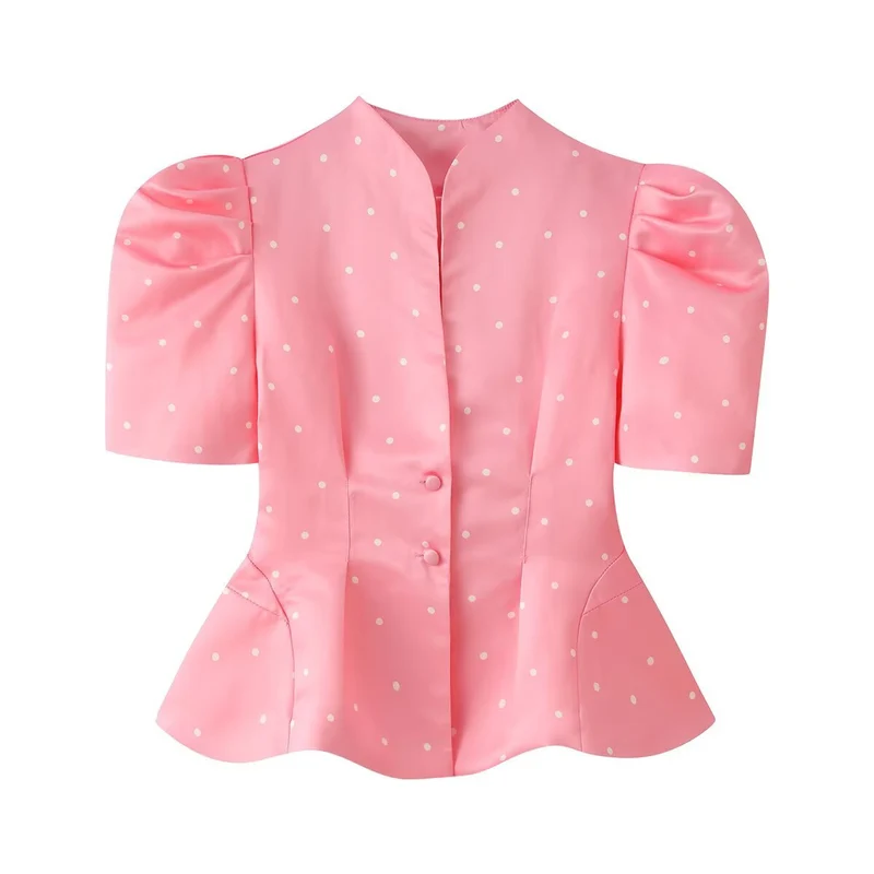 Damen Taillierte Satinbluse mit Puffärmeln, Stehkragen und Polka‑Dot‑Print Drune