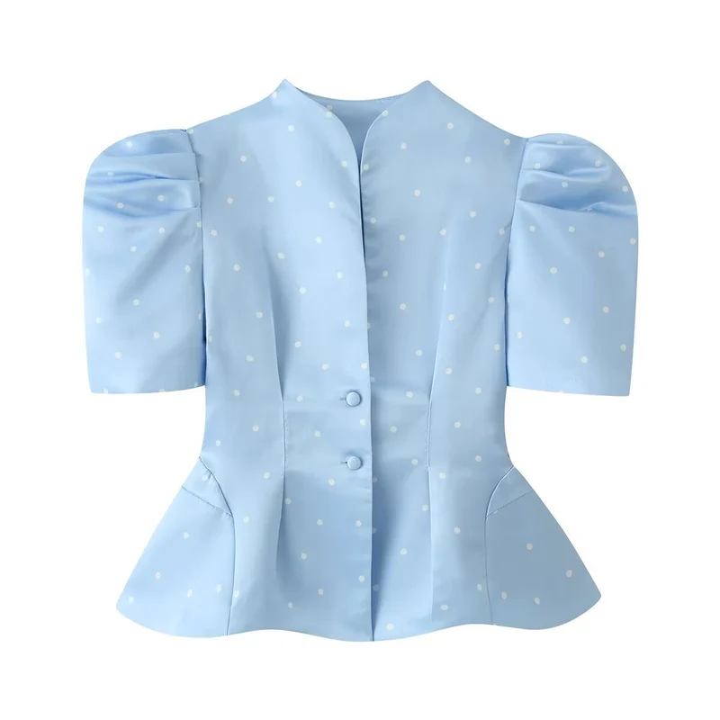 Damen Taillierte Satinbluse mit Puffärmeln, Stehkragen und Polka‑Dot‑Print Drune