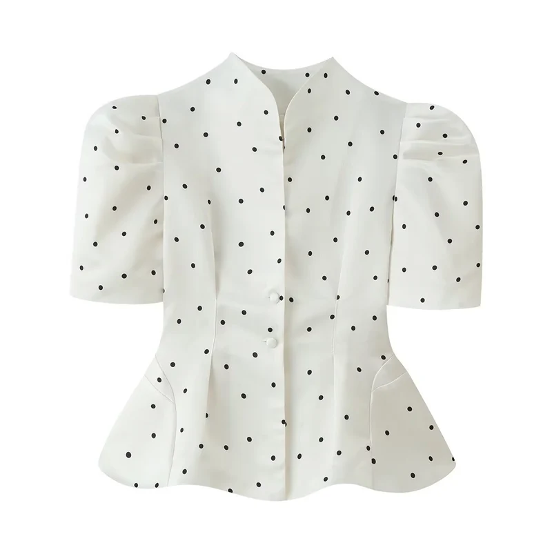 Damen Taillierte Satinbluse mit Puffärmeln, Stehkragen und Polka‑Dot‑Print Drune