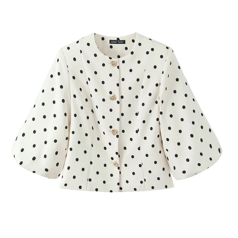 Damen Taillierte Polka‑Dot Blusenjacke mit Volumenärmeln und goldenen Schmuckknöpfen Drune