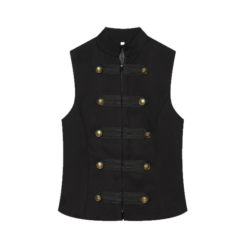 Damen Taillierte Military‑Weste mit Stehkragen und Zierriegeln Drune