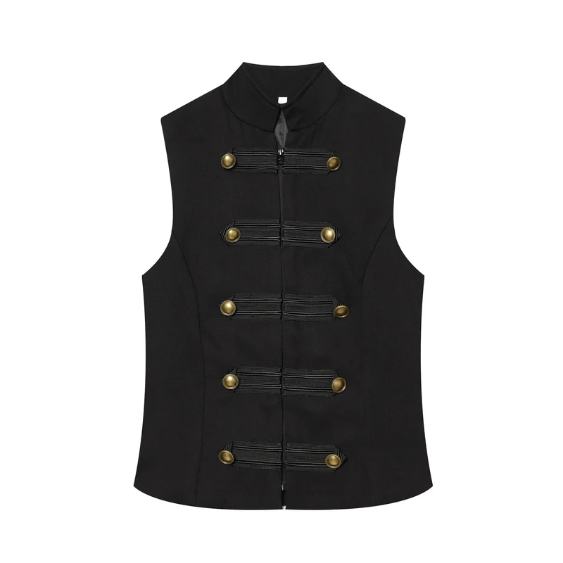 Damen Taillierte Military‑Weste mit Stehkragen und Zierriegeln Drune